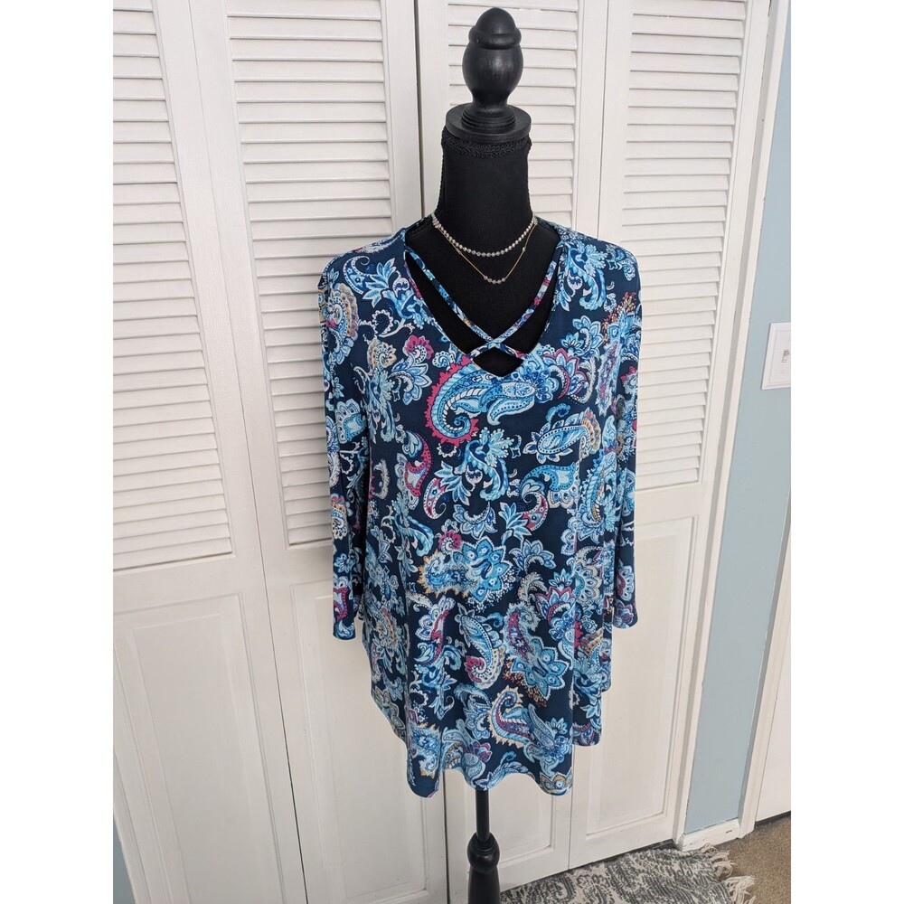 Chicos Top Womens L/2 Liquid Knit 3/4 Sleeve Blue Pink Paisley Boho Tunic Blouse
